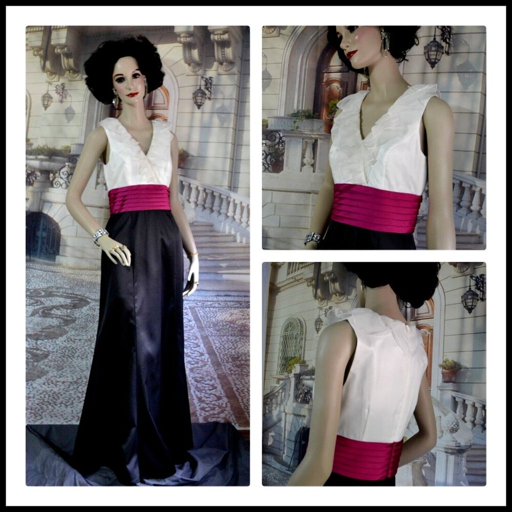 JS Collections Evening Dress Sz 6 Black Skirt White Bodice wRuffle Scarlet Waist